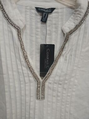 Conrad C Collection Vintage White Beaded V-Neck Tunic Size 12 NWT Linen Feel